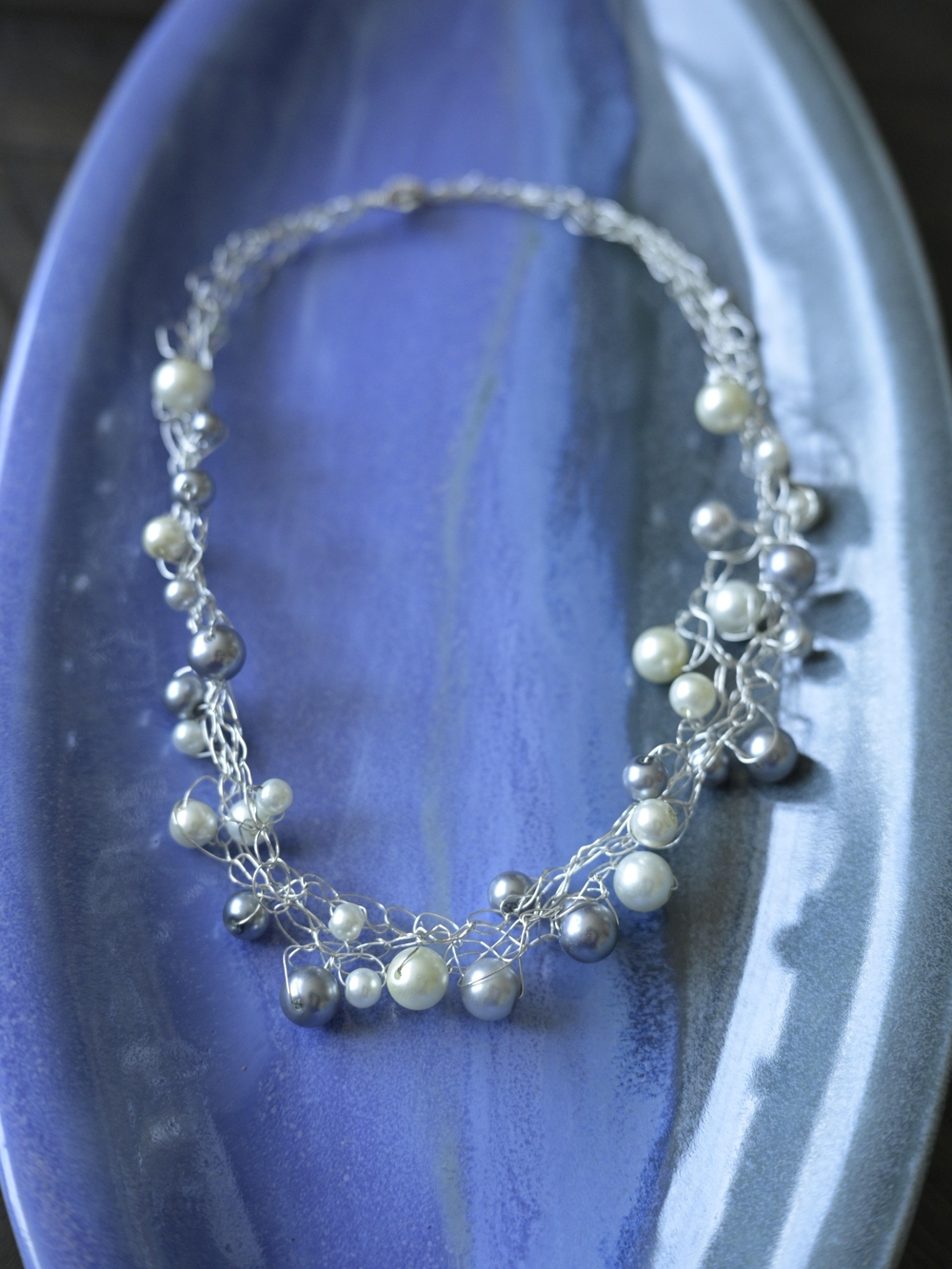 OOAK Elegant Silver Pearl Cluster Necklace in White and Gray